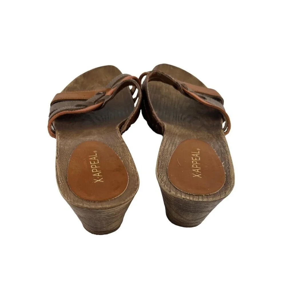 X-Appeal Women’s Wooden Slip On Sandals Brown Scrappy Leather Sage Size‎ 8 y2k